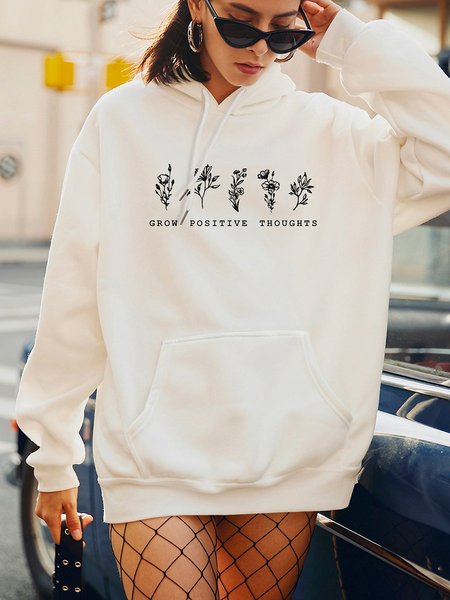 

Grow Positive Thoughts Flowers Printed Oversized Hooded Sweatshirt, White, Hoodies&Sweatshirts