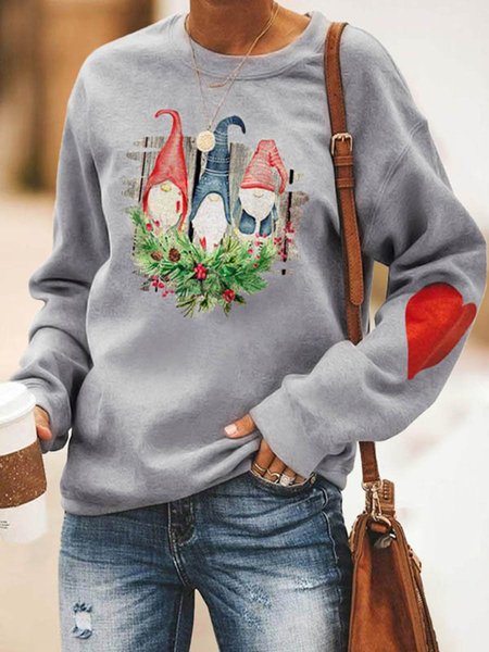 Santa Elf Print Crew Neck Loose Sweatshirt, Gray, Hoodies&Sweatshirts