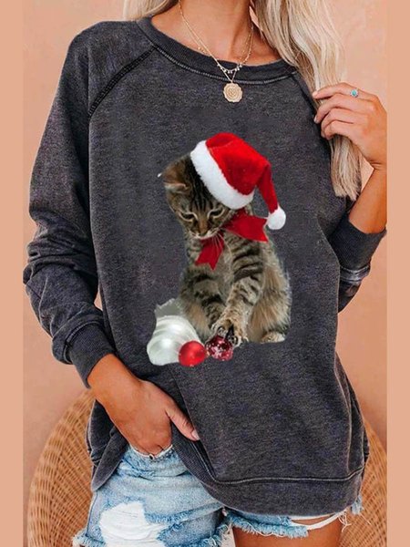 

Gattino Con Natale Cappello Cartoon Stampare Girocollo Maniche Lunghe Superiore, Nero, Hoodies & Sweatshirts