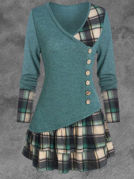 

Green Checkered/plaid Paneled Printed V Neck Long Sleeve Cotton Shirts & Tops, Hoodies&Sweatshirts
