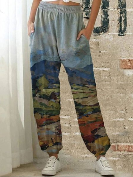 

Mountain Printed Pouch Vintage Pockets Sports Pants, Pants
