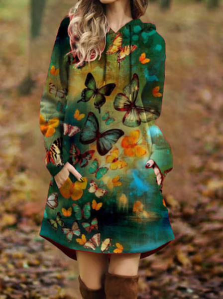 

Stampato Maniche Lunghe Abito, Verde, Mini Dresses