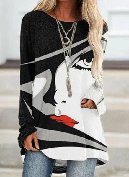 

Long Sleeve Floral-Print Casual Tops, Black, Tops