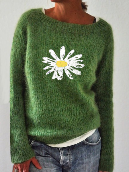 Plus size Floral Long Sleeve Sweater, Green, Knitwear & Sweaters