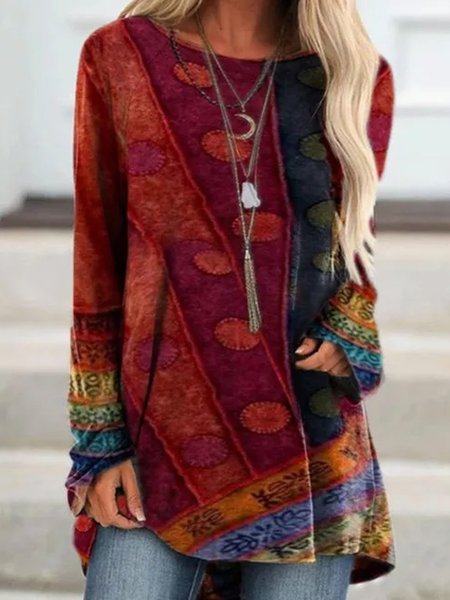 

Long Sleeve Patchwork Round Neck Shirts & Tops, Red, Blouses & Shirts