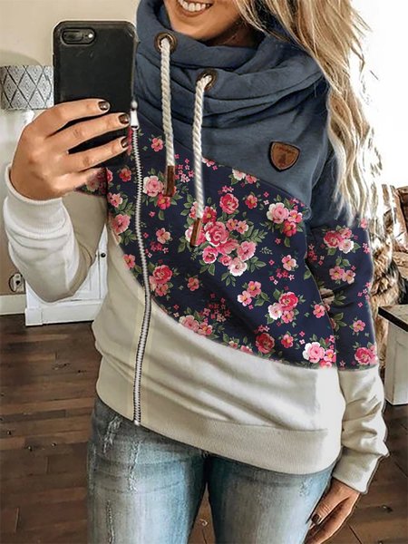 

Floral Color-Block Cotton-Blend Casual Outerwear, Navy blue, Outerwear
