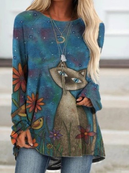 

Blue Animal Cartoon Printed Long Sleeve Casual Crew Neck Vintage Casual Shift Shirts & Tops, Hoodies&Sweatshirts
