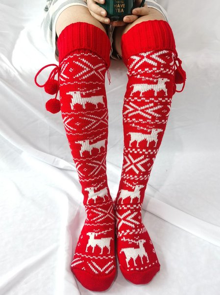 

Christmas Elk Tube Socks Over The Knee Socks, Red brpwn, Socks