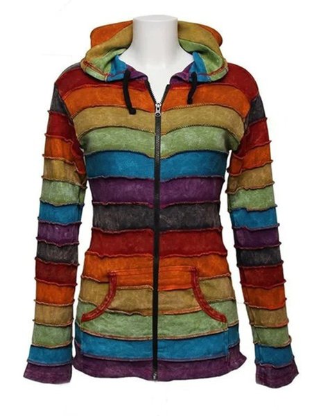 

Vintage Felpa con Cappuccio Maniche Lunghe Multicolore a Righe Stampato taglia grande Statement Casuale Outwear, Outerwear
