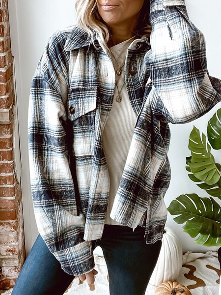

Shawl Collar Pockets Vintage plaid jacket, White-black, Coats