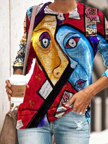 

Long Sleeve Printed Polyester Crew Neck Top, As picture, Hoodies & Sweatshirts