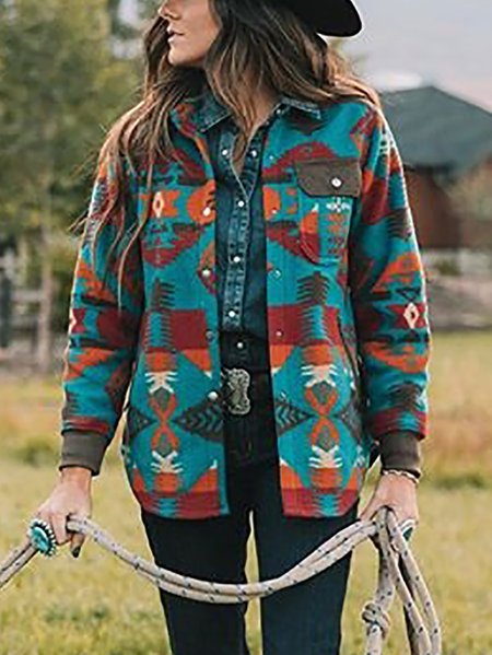

Shirt Collar Long Sleeve Shift Geometric Jacket, Blue, Coats