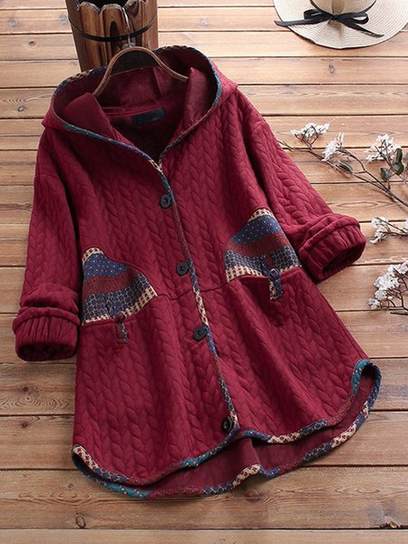 

Color-Block Hoodie Casual Cotton Shirt & Top, Red, Outerwear