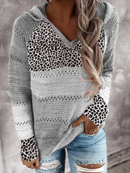 

Leopard Long Sleeve Cotton-Blend Sweater, Gray, Sweaters