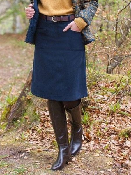 

Mini Gonna Blu Scuro Vintage Casuale Dritto Tasche Cotone, Skirts