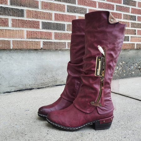 

Artificial Leather Zipper Block Heel Boots, Wine red, Boots