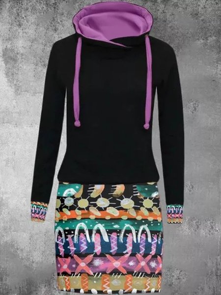 

Abito Nero Quotidiano Vintage Casuale Stampato Maniche Lunghe Dritto Felpa con Cappuccio Cotone, Midi Dresses