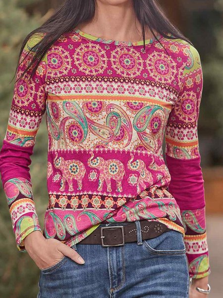 

Cotton-Blend Printed Floral Long Sleeve Shirts & Tops, Rose red, Blouses & Shirts