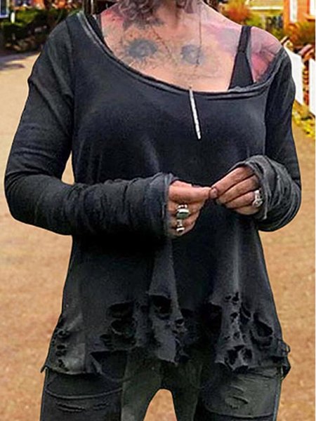 

Vintage Plain Statement Ripped Long Sleeve Crew Neck Plus Size Casual Tops, Black, Hoodies&Sweatshirts