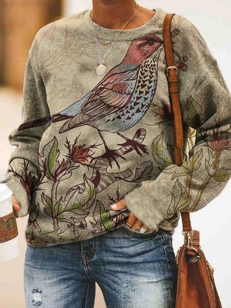 

Vintage Maniche Lunghe Fiori E Uccelli Stampato Girocollo Statement Casuale Felpa, Come immagine, Hoodies & Sweatshirts