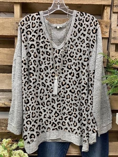 

Top Casuale Maniche Lunghe Colore-block Leopardo, Grigio, T-Shirts