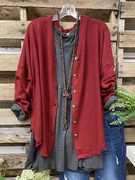 

Maniche Lunghe Tinta Unita Scollo a V Giubbotto Rosso Misto Cotone, Coats & Jackets