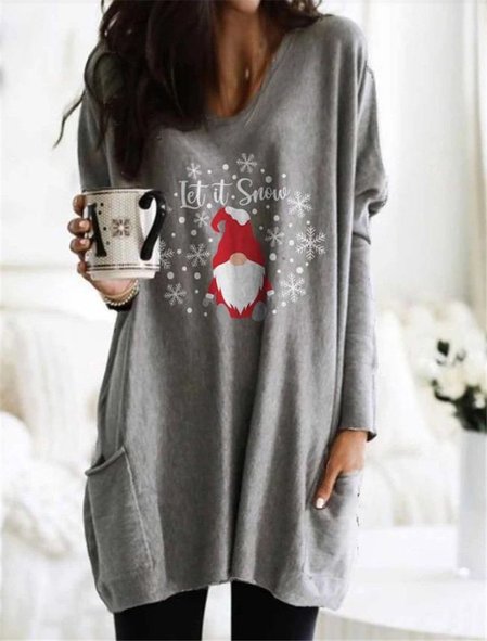 

Christmas Print Long Sleeve Cotton-Blend T-shirt, Gray, Tops
