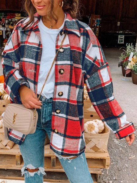 

Thick Cotton Long Sleeve Shirt Collar Shirts & Tops, Red, Coats