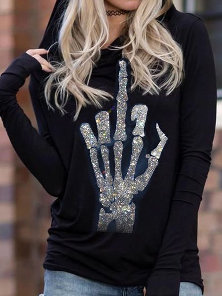 

Pure color hooded print Halloween casual warm sweater, Black, Tops