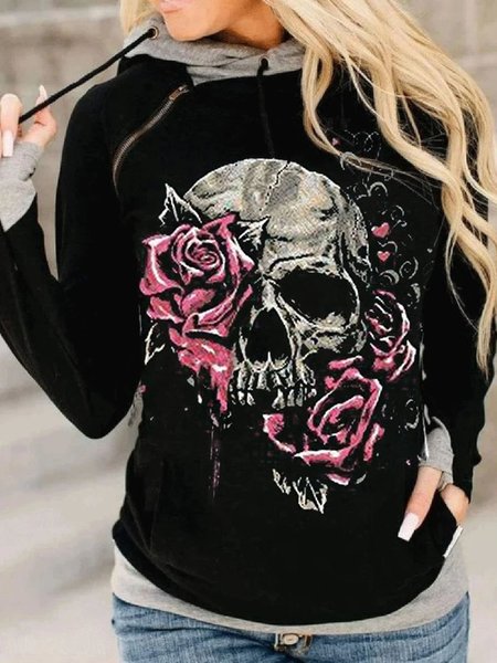 

Pure color hooded skull print Halloween casual warm sweater, Black, Sweatshirts & Hoodies