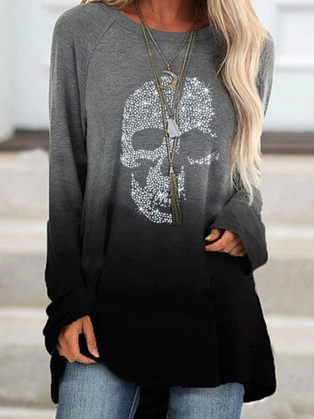 

Solid color skull Halloween print long pocket T-shirt, Gray, Long sleeve tops