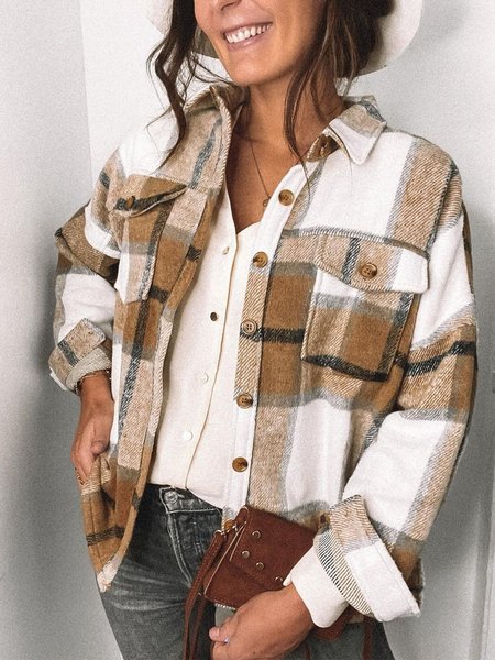 

Vintage a Quadri Maniche Lunghe Abbottonato Casuale Outwear, Cachi, Outerwear