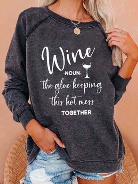 

Letter Long Sleeve Cotton-blend Crew Neck Top, Gray, Hoodies & Sweatshirts