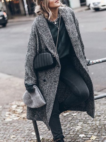 

V Neck Vintage Long Sleeve Solid Jacket, Gray, Trench Coats