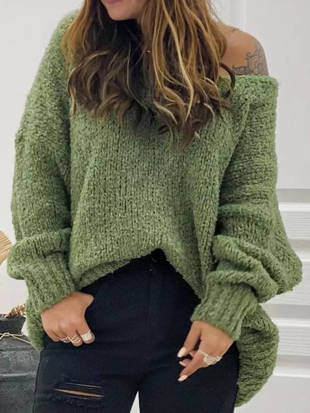 

V Neck Plain Long Sleeve Cotton-Blend Sweater, Green, Sweaters