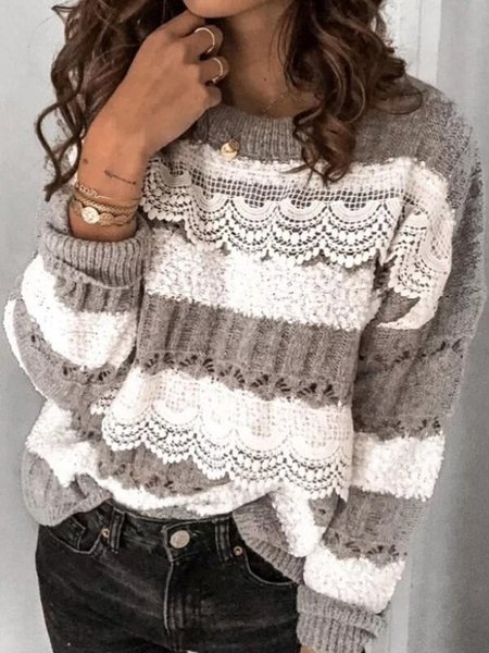 Women's Color Blocked Lace Crew Neck Casual Sweater, Gray, Sweaters