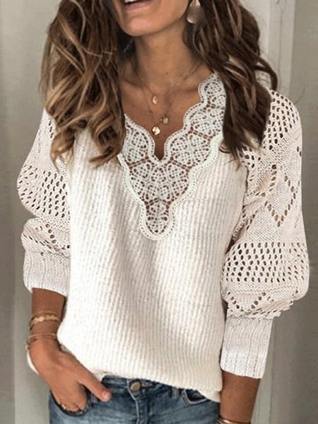 

Women's Solid Lace V-Neck Casual Sweaters, White, Clearance7