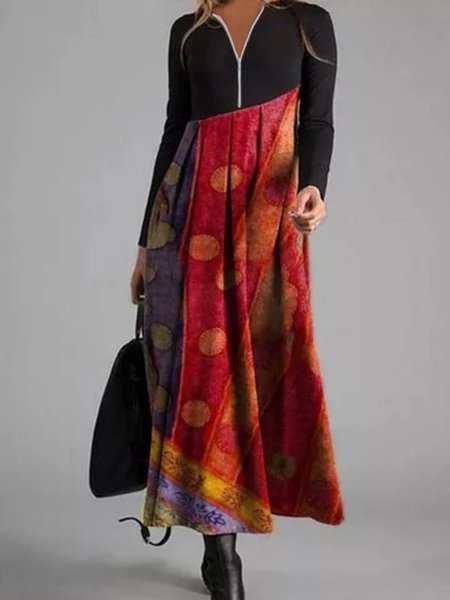 

Long Sleeve V Neck Cotton Dresses, Multicolor, Dresses