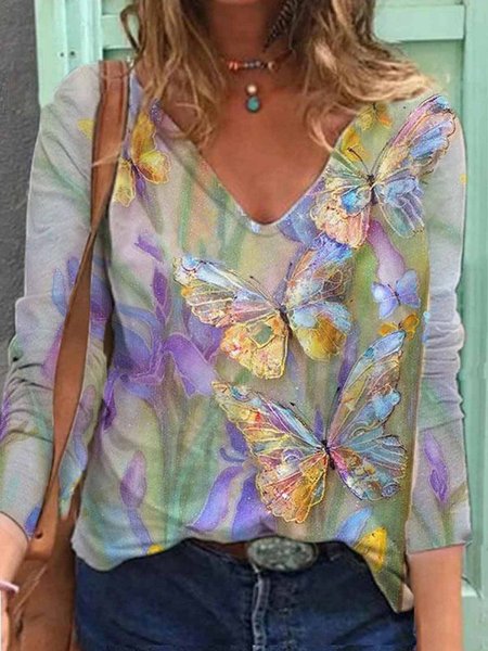 

Top Maniche Lunghe Casuale Stampato Farfalla, Viola chiaro, Blouses & Shirts