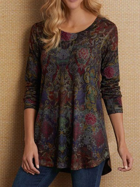 

Camicie Casuale Stampato Floreale Maniche Lunghe Donna Misto Cotone, Rosso, T-Shirts