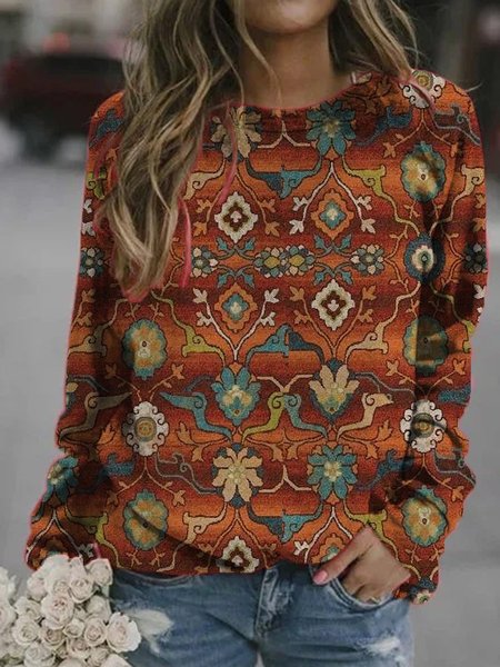 

Printed Long Sleeve Crew Neck Sweatshirt, Multicolor, Tops