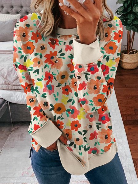 

Print Round Neck Casual Loose Sweatshirt, Apricot, Hoodies&Sweatshirts