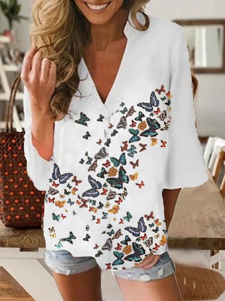 

3/4 Sleeve Printed V Neck Shirts & Tops, White, Blouses & Shirts