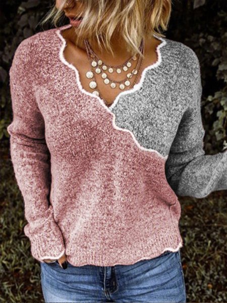 

Striped Cotton-Blend V Neck Long Sleeve Sweater, Pink, Sweaters
