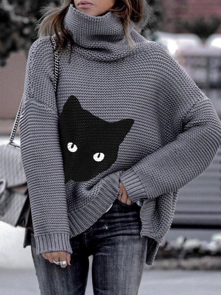 

Cats Print Acrylic Turtleneck Shift Casual Sweater, Gray, Sweaters