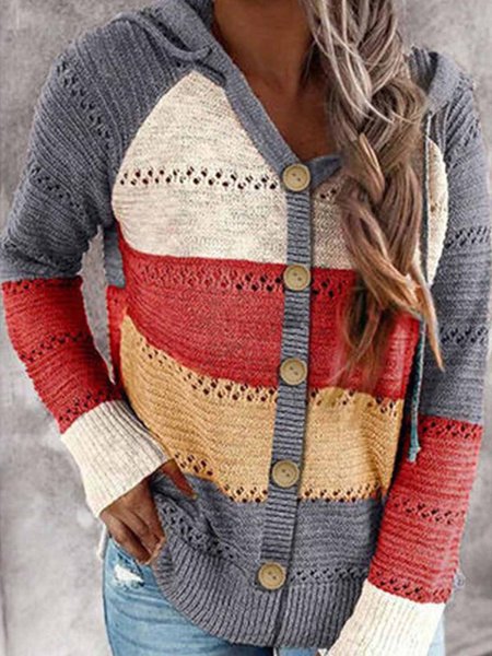 

Long Sleeve Color-Block V Neck Sweater, Red, Cardigans
