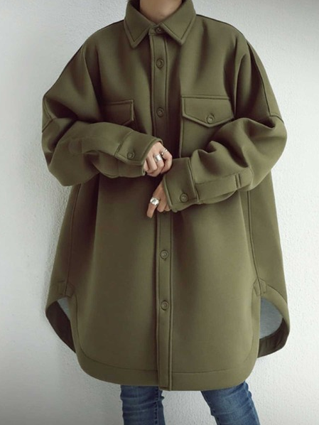 

Statement Cotton Long Sleeve Shirt Collar Jacket, Green, Coats