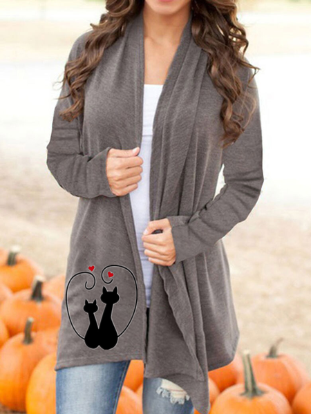 

Cats Print A-Line Cotton-Blend Long Sleeve Jacket, Gray, Cardigans
