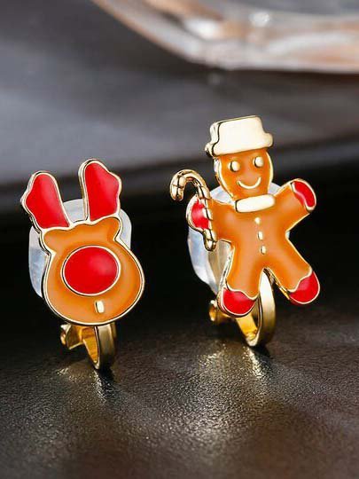 

Christmas Cute Gingerbread Man Reindeer Asymmetrical Ear Clip Earrings, Golden, Earrings