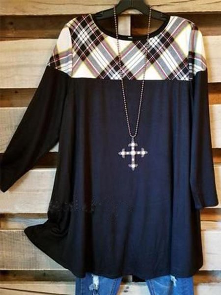 

Long Sleeve Paneled Crew Neck Checkered/plaid Shirts & Tops, Black, Hoodies&Sweatshirts